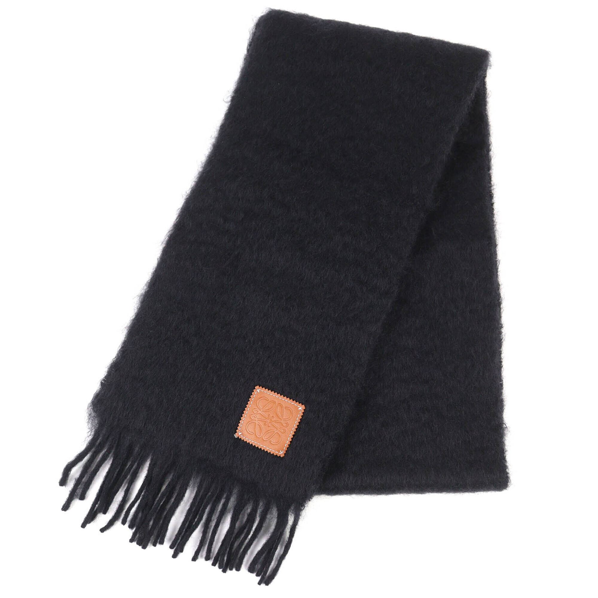 Loewe Mohair Wool Anagram Leather Patch Fringe Long Scarf, Black, Made In Spa...